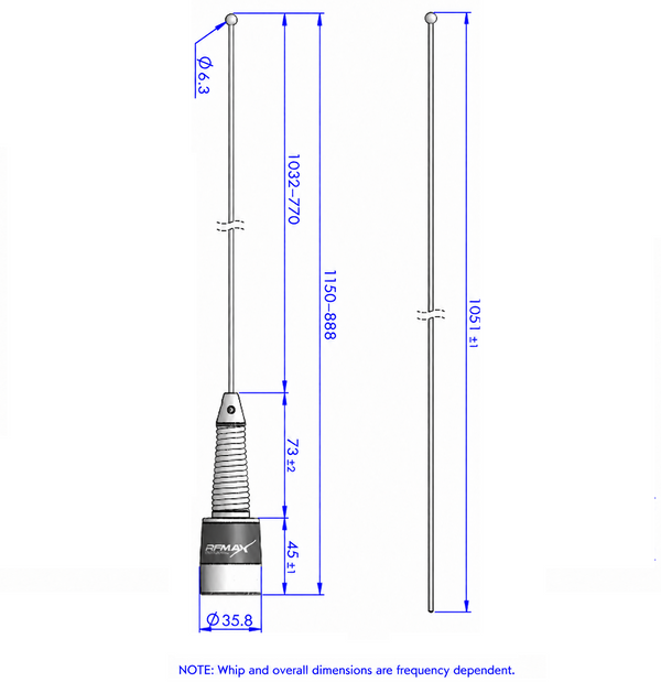 VHF Basecoil Antenna 144-174 MHz Field Tunable with Spring, 3 db for high power Radios