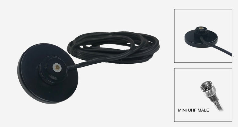Black Magnetic NMO Mount with a 12 Ft. RG-58A/U Cable and a Mini UHF Male Connector Installed