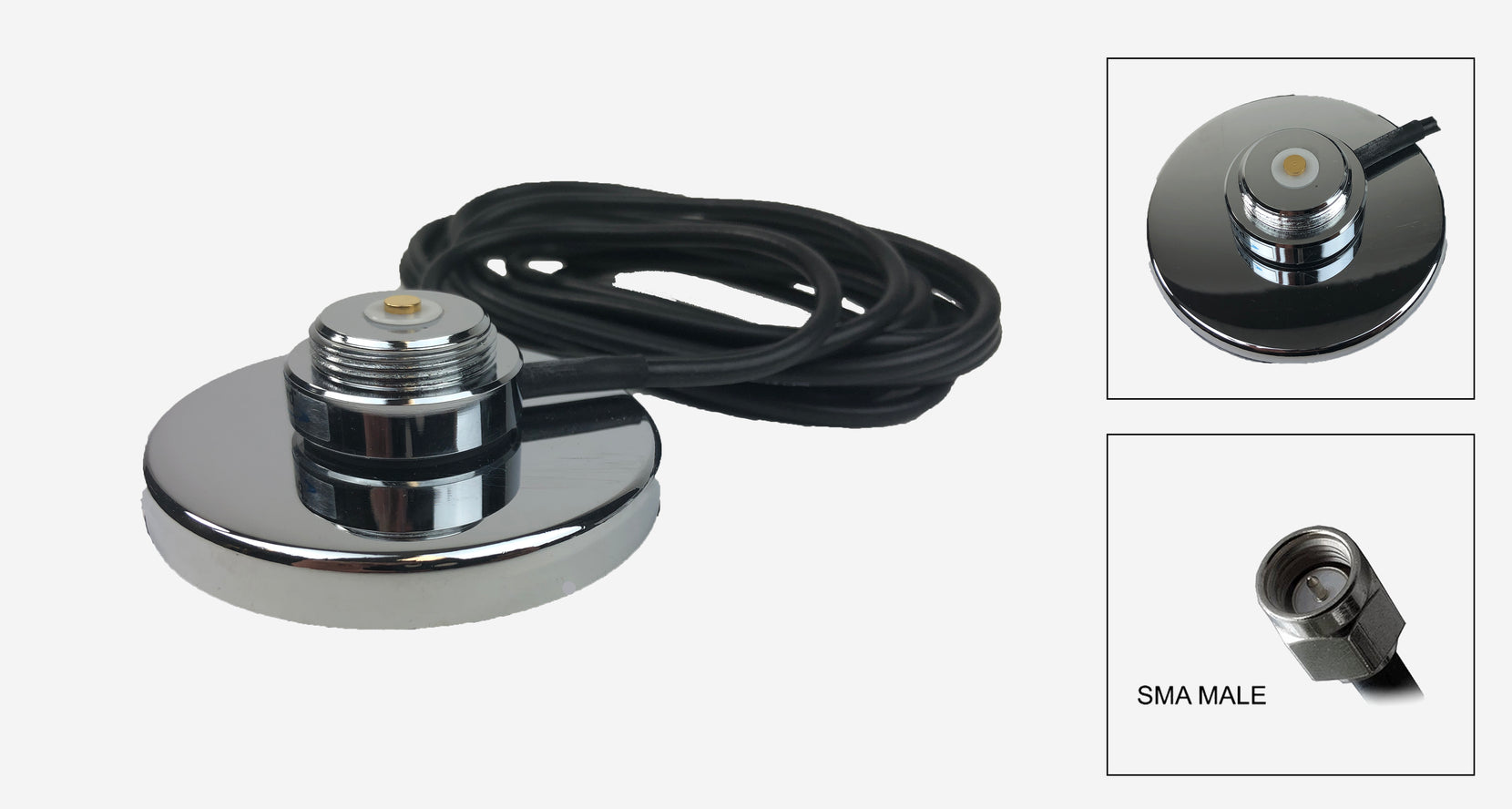 Chrome Magnetic NMO Mount with a 12 Ft. RG-58A/U Cable and SMA-Male Installed Connectors